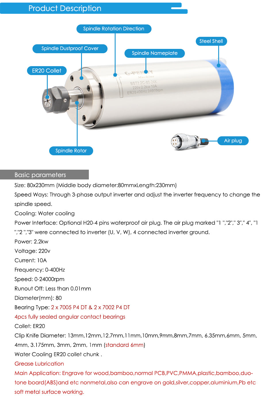 G-PENNY 2.2KW ER20 D80 110v/220v/380v 80*230mm Water cooled spindle motor 4pcs Steel ball bearings