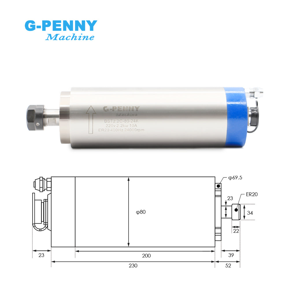 G-PENNY 2.2KW ER20 D80 110v/220v/380v 80*230mm Water cooled spindle motor 4pcs Steel ball bearings