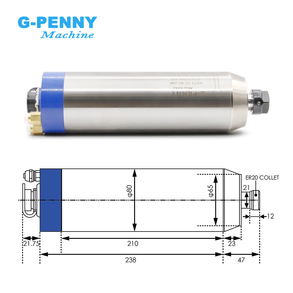 2.2KW ER20 D80 Water cooled spindle motor 80*230mm 220v/380v 400Hz 4pcs ceramic bearings