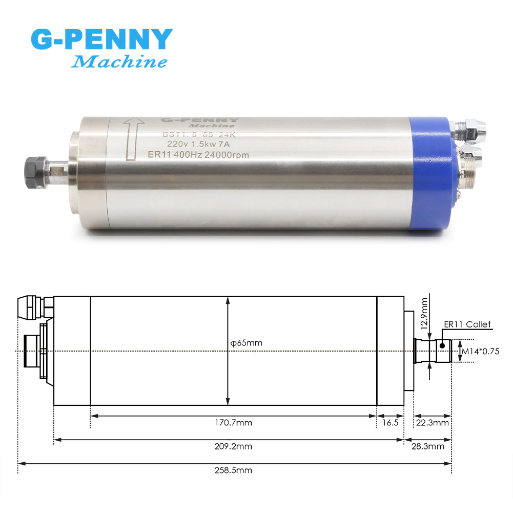G-penny 1.5kw ER11 D65 110V/220V Water cooled spindle motor 400hz 24000rpm for Cnc Milling Machine