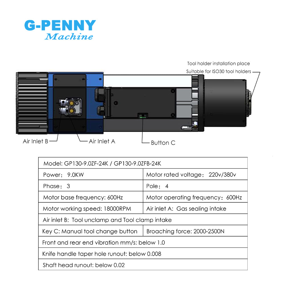 G-Penny Automatic Tool Change Spindle 9.0kw ATC Spindle ISO30 220v / 380v Air Cooled Spindle Motor GDZ Wood / Aluminum Working
