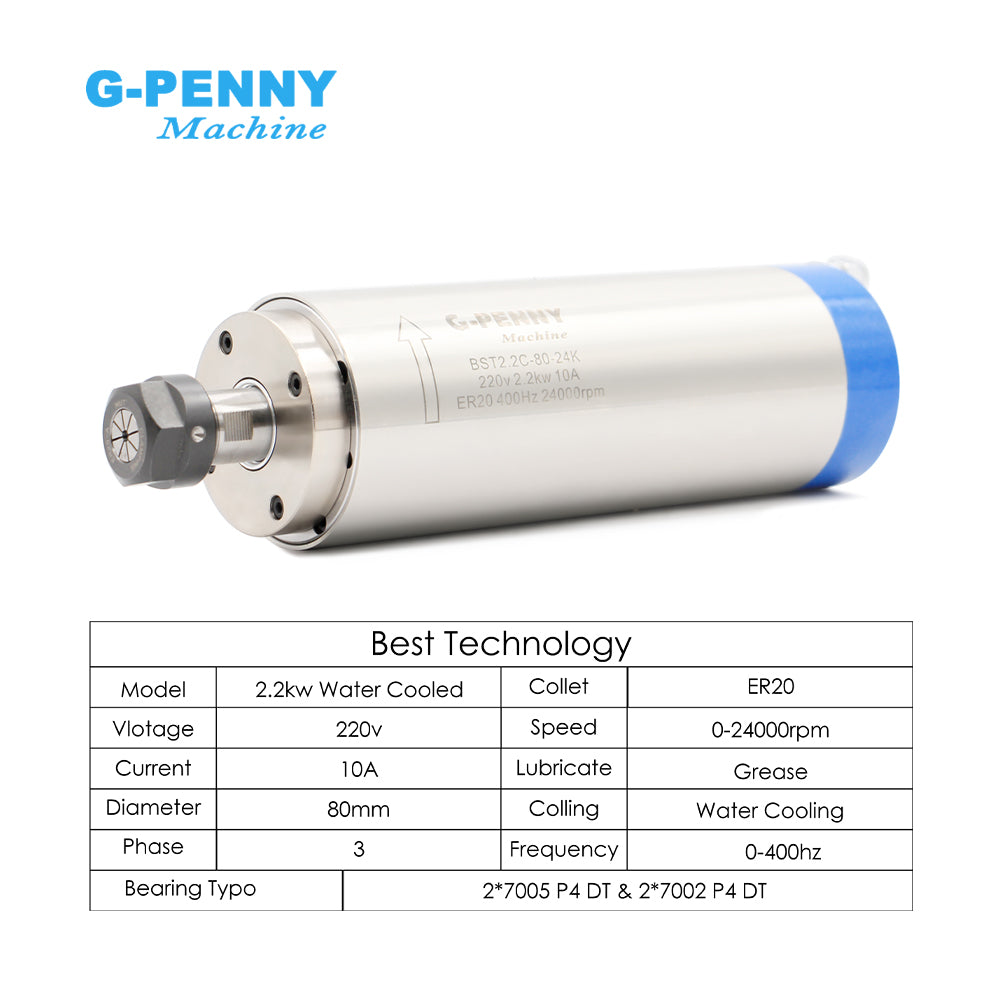 G-PENNY 2.2KW ER20 D80 110v/220v/380v 80*230mm Water cooled spindle motor 4pcs Steel ball bearings