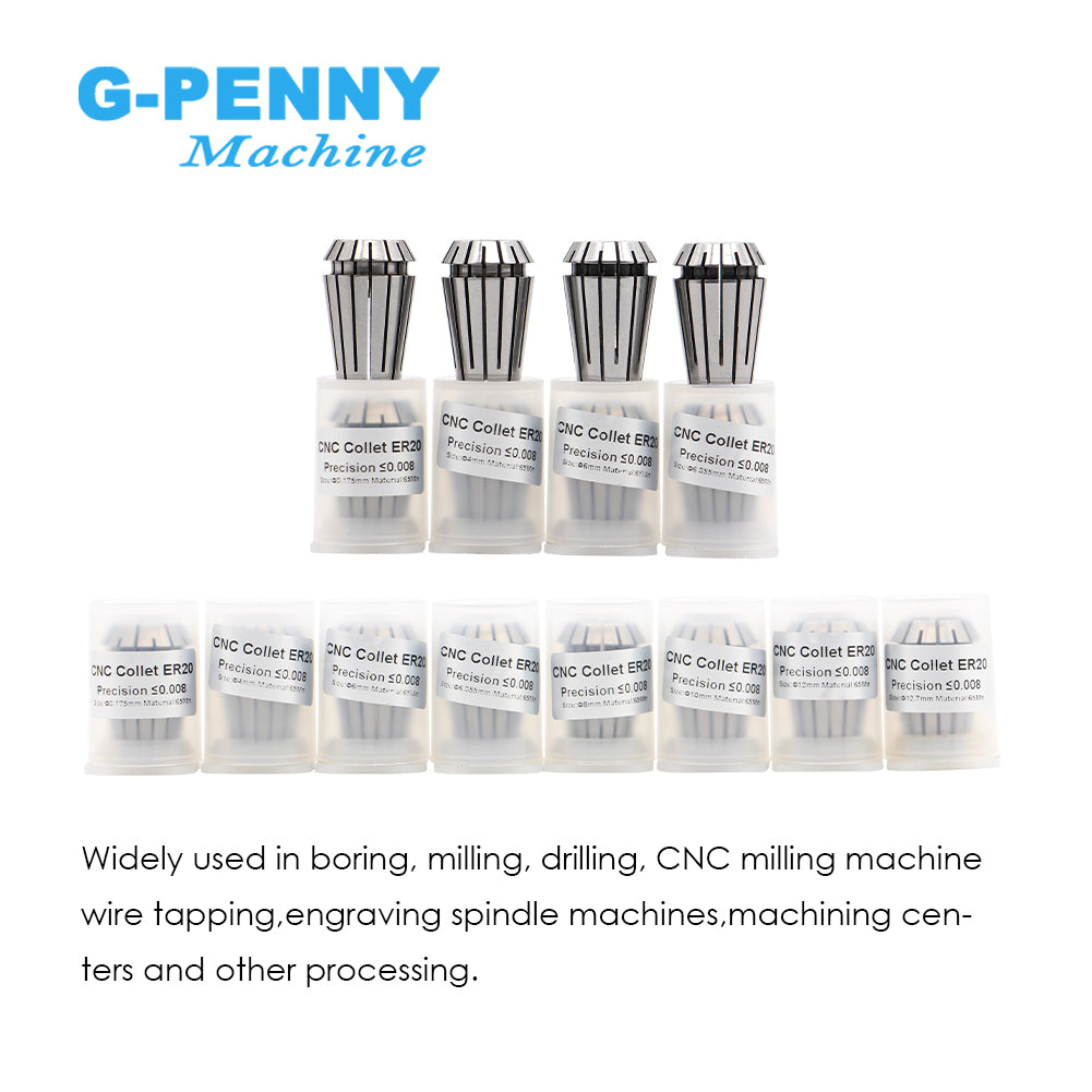 G-Penny Machine ER20 High accuracy collet Precision≤0.008mm 4, 6, 8, 10, 12, 1/2, 1/4, 1/8mm Collet Kit