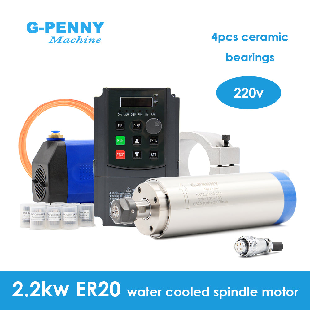 G-Penny 2.2kw ER20 220v Water Cooled Spindle Kit 4pcs ball bearings & 2.2kw Inverter & 80mm Spindle Bracket & 75w Water Pump