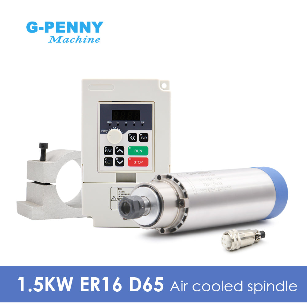G-PENNY 1.5kw ER16 D65mm 400Hz Air Cooled Spindle 4pcs Bearings 24000rpm with QL 1.5KW Inverter, 65mm Bracket Spindle Motor Kit