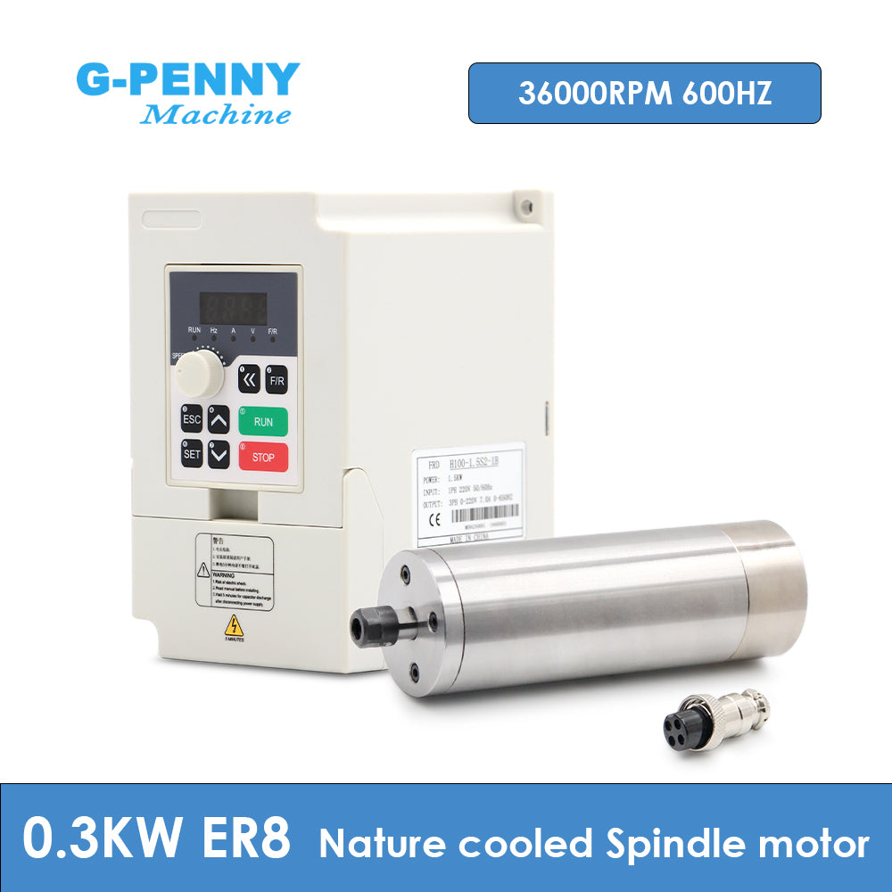 G-Penny 300W ER8 D48 AC Nature Cooled Spindle Motor 600HZ 36000RPM 52V H100 Inverter Kit Use for Desktop Engraving Machine