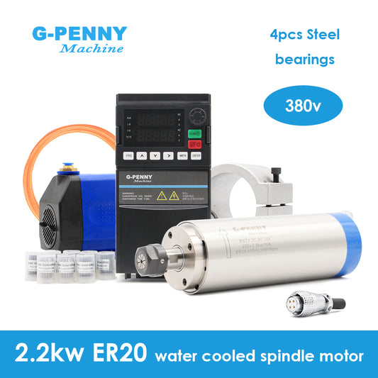 G-Penny 2.2kw ER20 220v Water Cooled Spindle Kit 4pcs ball bearings & 2.2kw Inverter & 80mm Spindle Bracket & 75w Water Pump