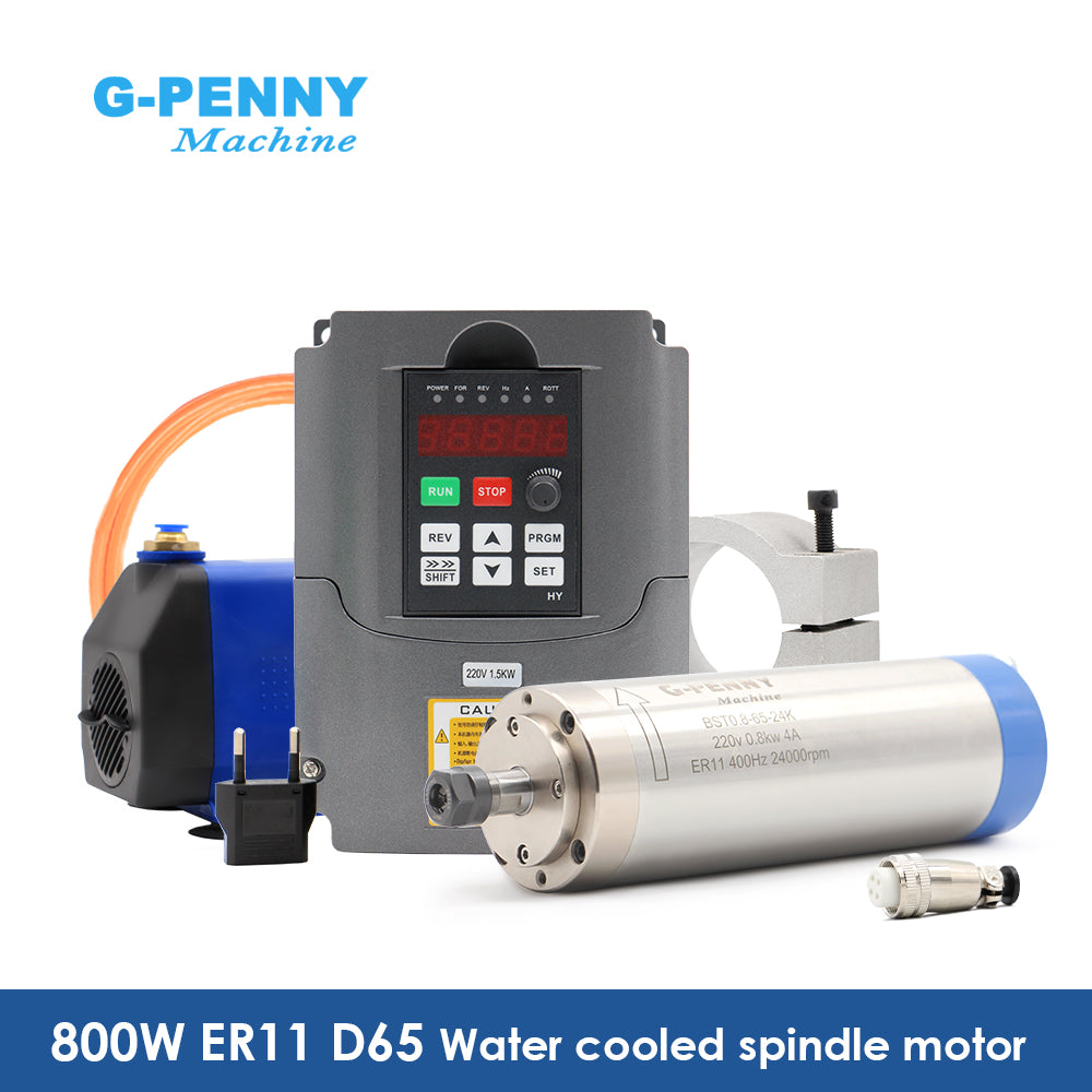 G-penny 0.8KW ER11 D65 220v Water Cooled Spindle Motor with HuanYang Inverter, water pump, bracket kit