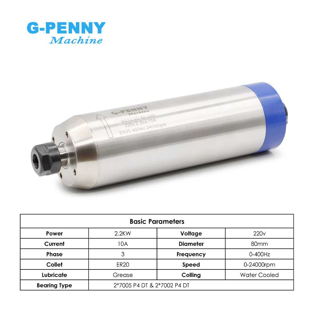 G-Penny Machine 2.2KW ER20 D80 Bullet type 110v/220v/380v water cooled spindle motor kit, H100 2.2KW Inverter, 80mm brakcet, 80W Water pump. For milling machine