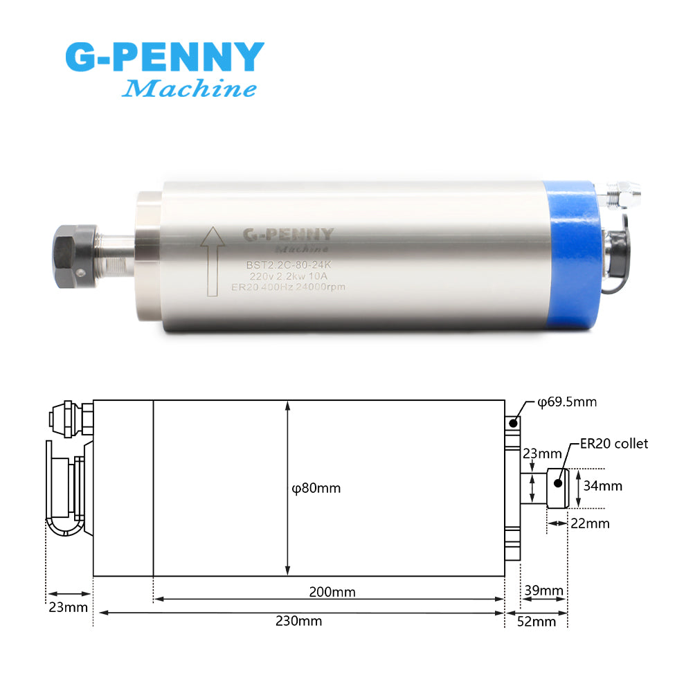 G-Penny 2.2KW ER20 D80 110V/220V Water cooled spindle motor kit & Inverter & brcaket & water pump