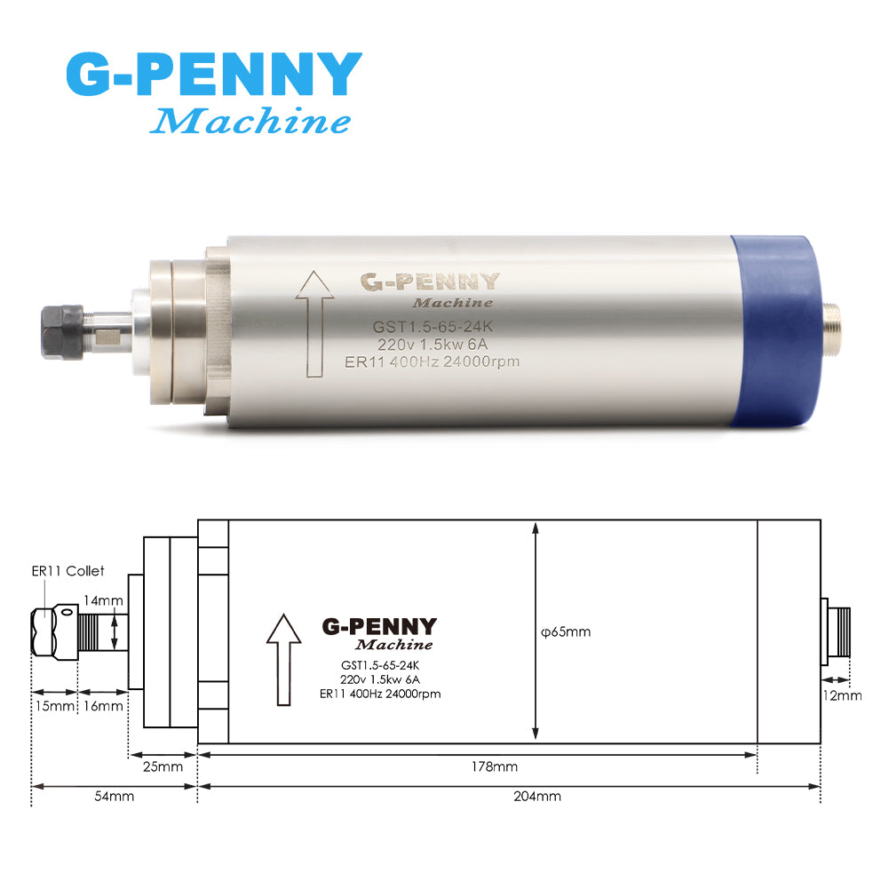 G-PENNY Machine 1.5kw ER11 D65 Air cooled spindle 4pcs bearings 400Hz-24000rpm wood working spindle motor