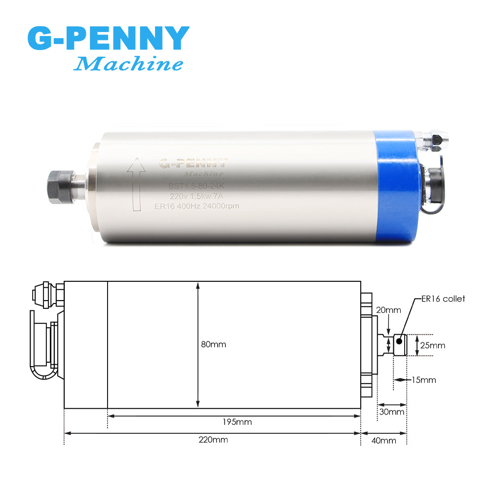 G-Penny 1.5KW ER16 D80 400HZ 24000RPM 220V/110V Water cooled spindle motor kit