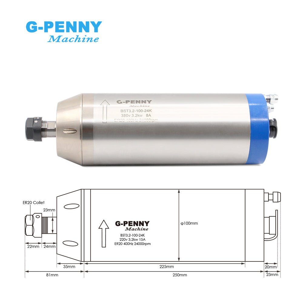 G-Penny machine 3.2KW ER20 D100 Water cooled spindle motor Bullet type 4pcs ball bearings