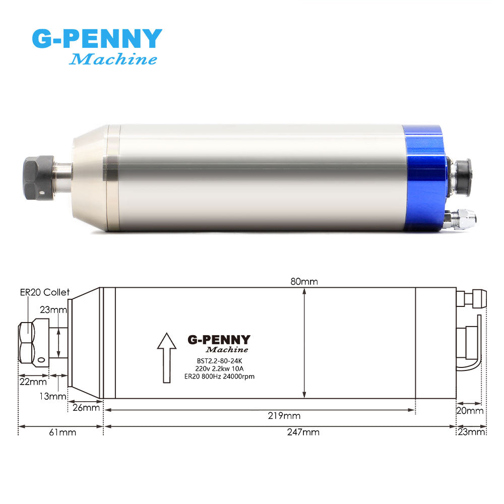 G-Penny 2.2KW ER20 D80 220V/380V Bullet type metal working water cooled spindle motor, 2.2KW BD600 Inverter, 80w water pump, 80mm bracket kit
