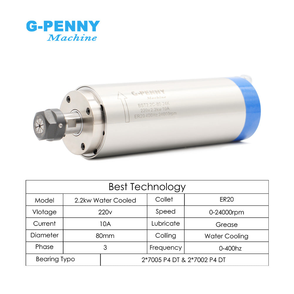 G-Penny 2.2kw ER20 220v Water Cooled Spindle Kit 4pcs ball bearings & 2.2kw Inverter & 80mm Spindle Bracket & 75w Water Pump