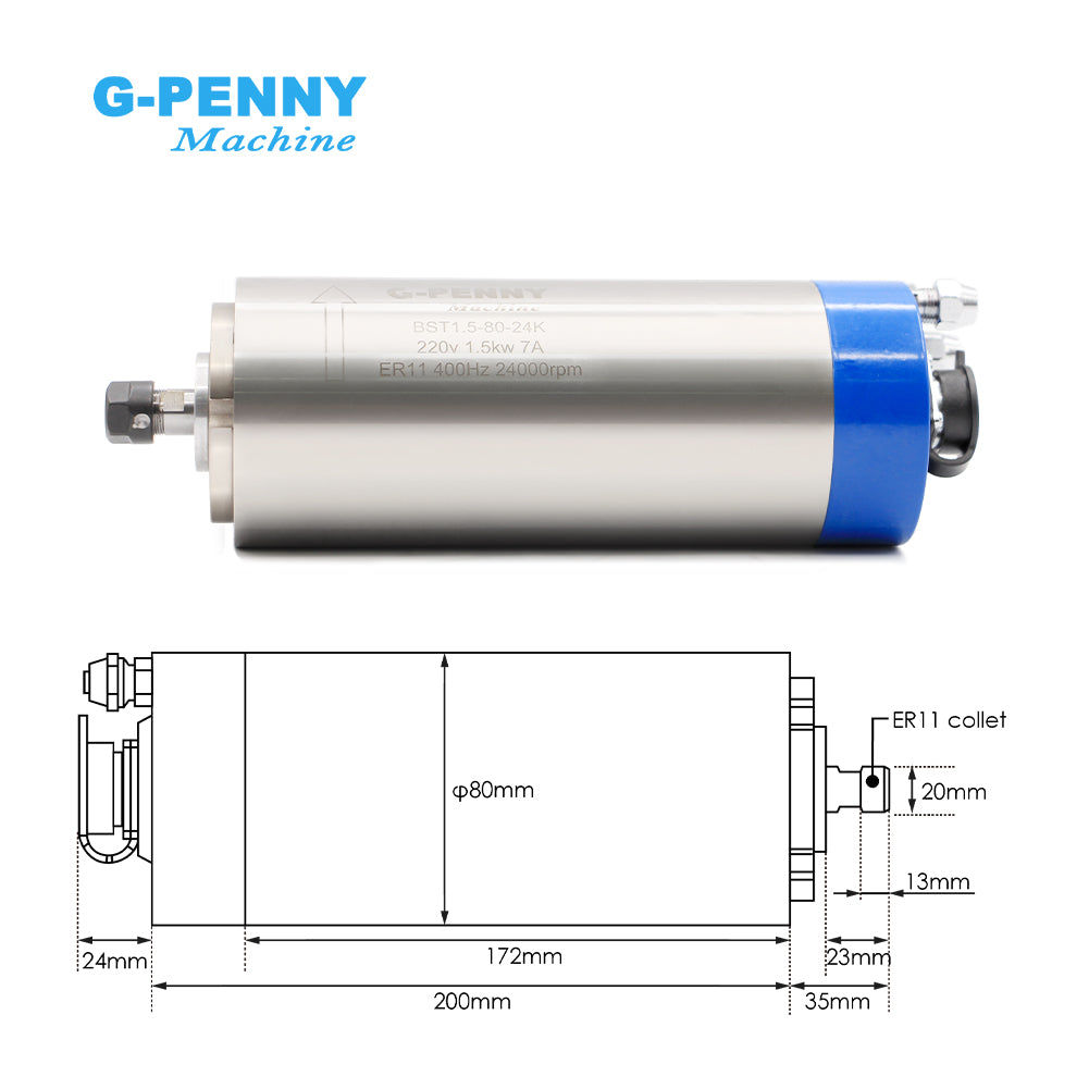 G-Penny 1.5KW ER11 110v/220V/380V Water Cooled Spindle QL Inverter 80mm Bracket 75W Water Pump Bearing & Motor Milling