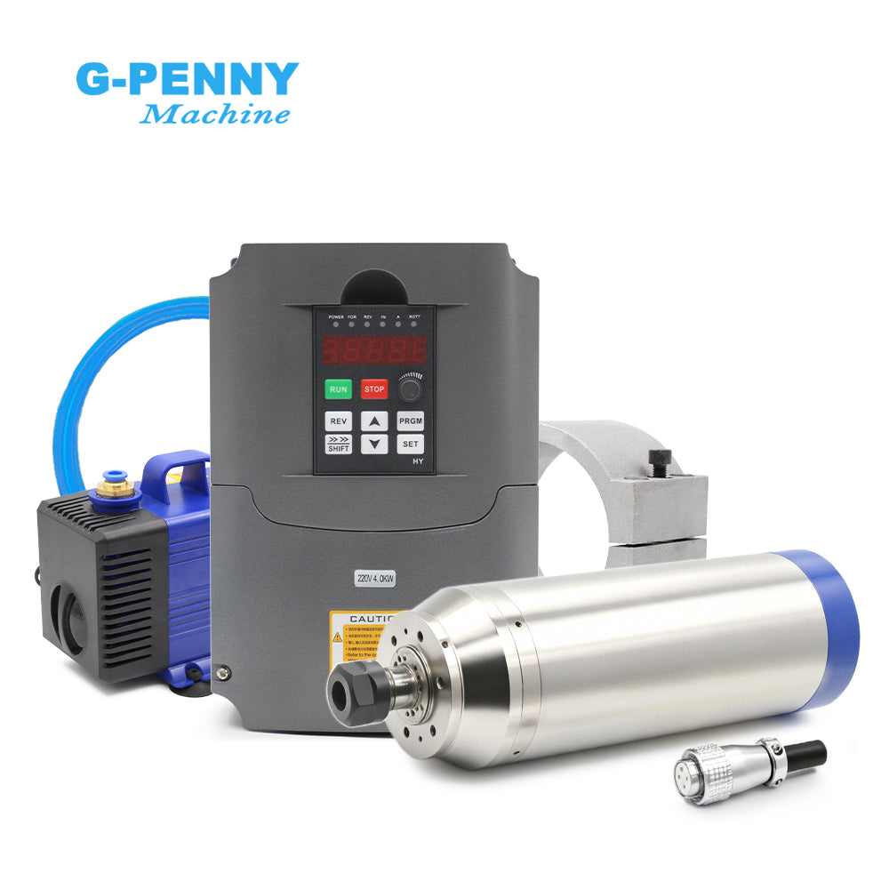 G-Penny 3.7KW ER20 D100 220V/380V Water-Cooled Spindle Motor Bullet-Type With HuanYang 4KW Inverter, Water Pump, Bracket Kit
