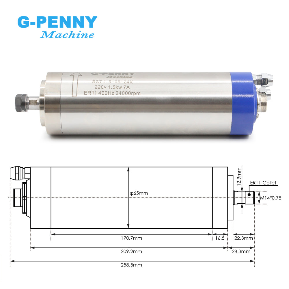 G-Penny Water Cooled Spindle Kit 1.5kw ER11 Diameter 65mm 4 bearings & 1.5kw HY Spindle Drive & 65mm Bracket & 75w Water Pump