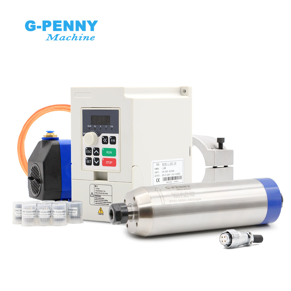 G-Penny Machine 2.2KW ER20 D80 Bullet type 110v/220v/380v water cooled spindle motor kit, H100 2.2KW Inverter, 80mm brakcet, 80W Water pump. For milling machine
