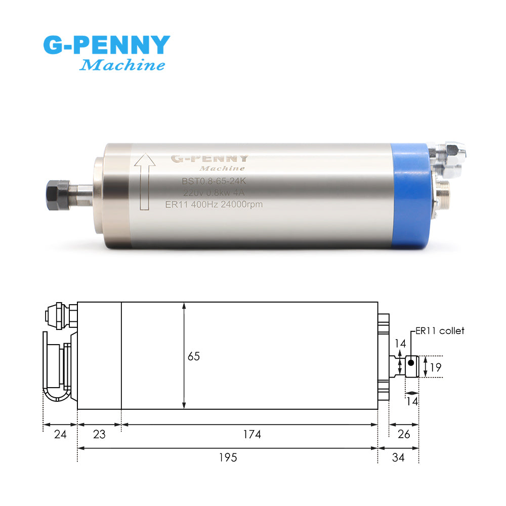 G-penny 0.8KW ER11 D65 220v Water Cooled Spindle Motor with HuanYang Inverter, water pump, bracket kit