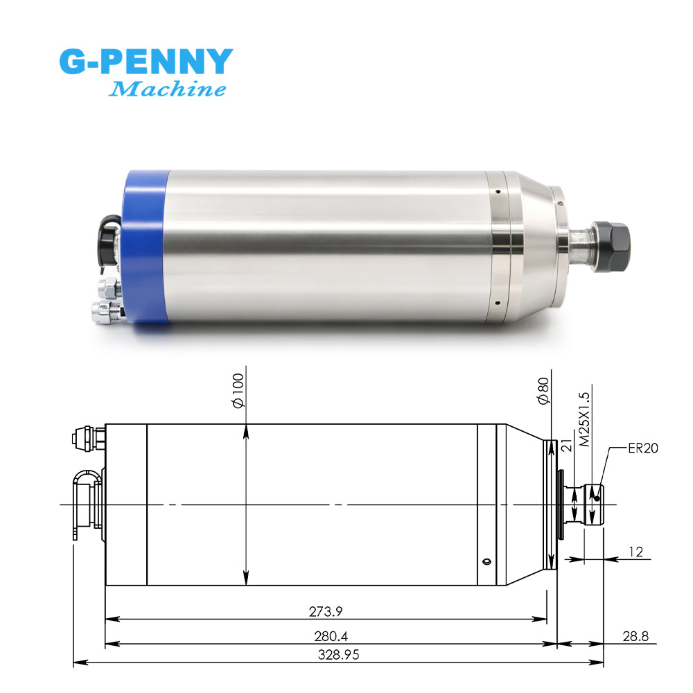 G-Penny 3.7KW ER20 D100 220V/380V Water-Cooled Spindle Motor Bullet-Type with 100mm Bracket 400Hz 24000RPM 2-Pole 4PCS Bearings