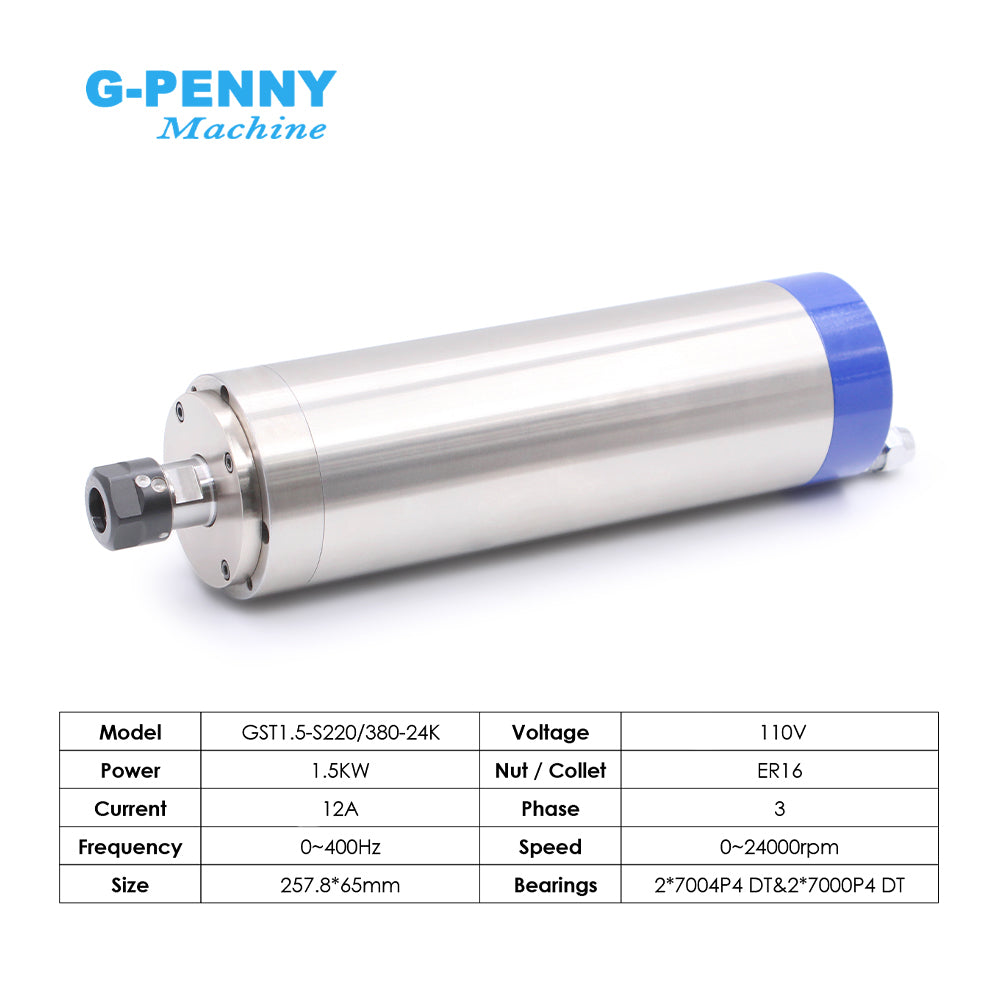 G-PENNY 1.5kw ER16 Water Cooled Spindle Motor 65mm 4 pcs 7 Series Bearings Water Cooling for CNC Wood/ Aluminum Working
