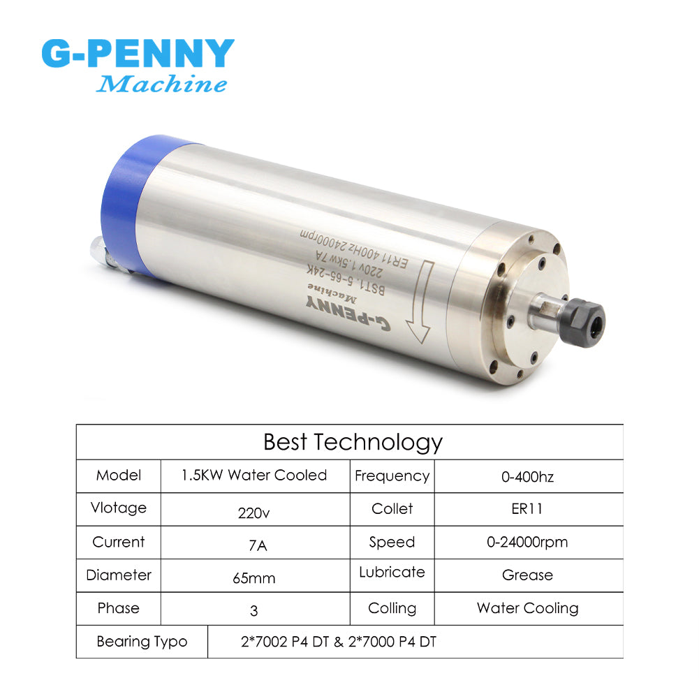 G-Penny 1.5KW ER11 D65 110V/220V Water cooled spindle motor 400hz 24000rpm 4pcs 7series bearings for cnc router