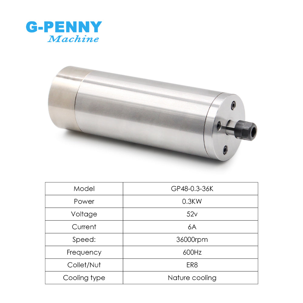 G-Penny 300W ER8 D48 Nature Cooled Spindle Motor 600HZ 36000RPM 52V Use for Desktop Engraving Machine, Ivory Carving Equipment