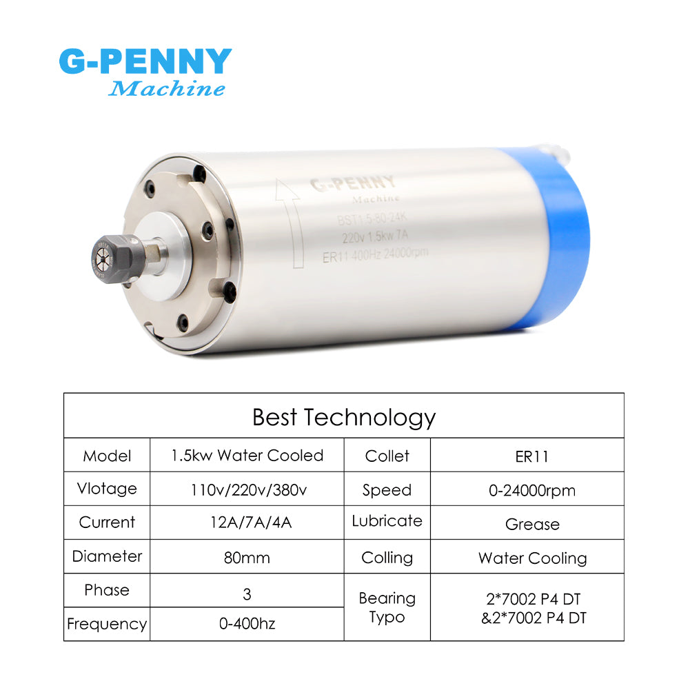 G-Penny 1.5KW ER11 D80 Water cooled spindle motor 110v/220v/380v 4pcs bearings used for cnc milling machine