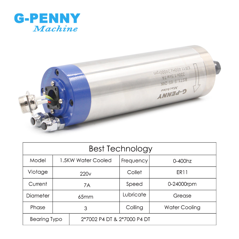 G-penny 1.5KW ER11 110v/220v Water Cooled Spindle 65mm Bracket,1.5kw Inverter,75w Water Pump Spindle Motor Kit