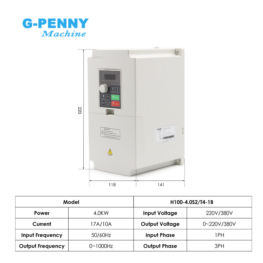 G-Penny 3.7KW ER20 D100 220V/380V Water-Cooled Spindle Motor Bullet-Type with H100 4KW Inverter, Water Pump, Bracket Kit