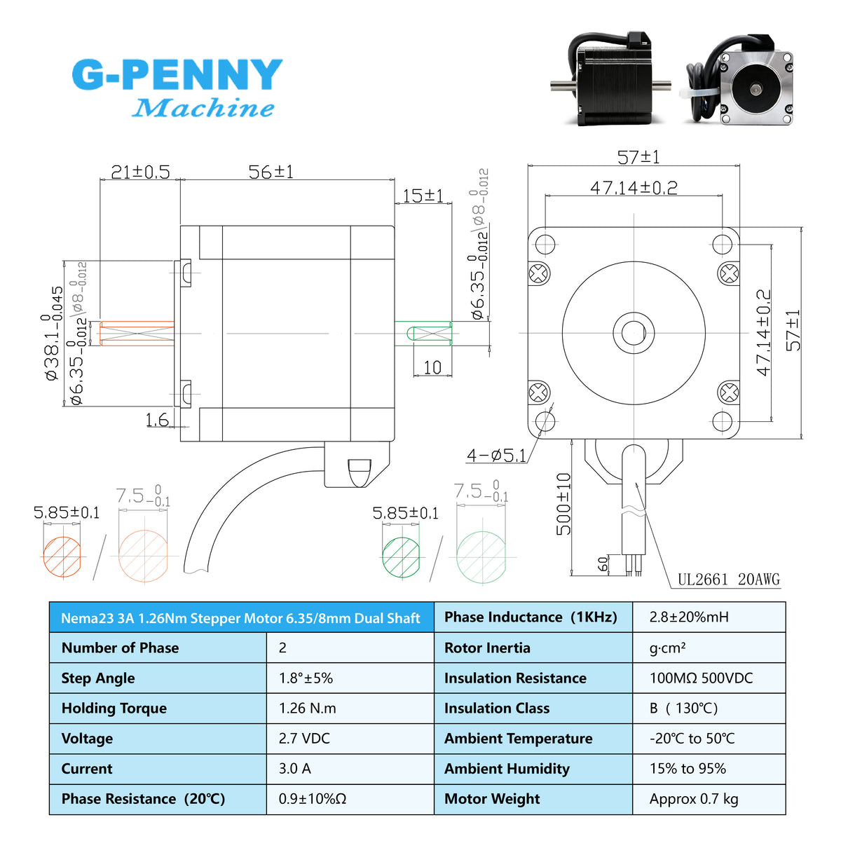 NEMA23 57HS5630B4 Stepper Motor 57x56mm 1.8Deg 1.2N.m 6.35/8mm 3A 2-Phase Double shaft CNC Router Engraving Machine 3D Printer
