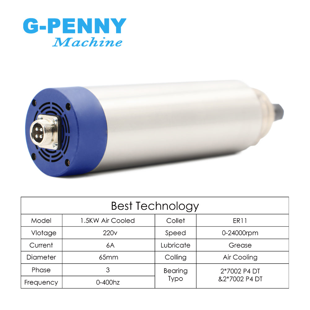 G-PENNY Machine 1.5kw ER11 D65 Air cooled spindle 4pcs bearings 400Hz-24000rpm wood working spindle motor