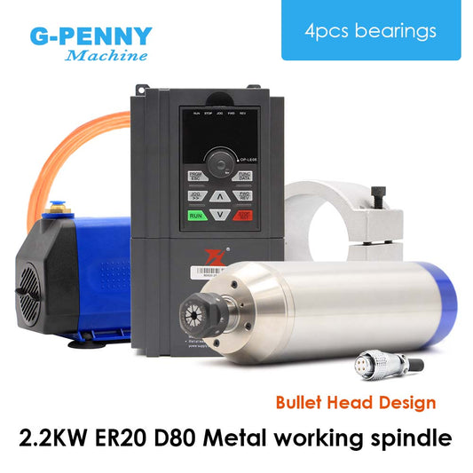 G-Penny 2.2KW ER20 D80 220V/380V Bullet type metal working water cooled spindle motor, 2.2KW BD600 Inverter, 80w water pump, 80mm bracket kit
