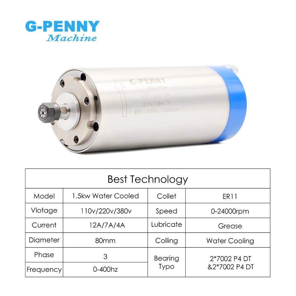 G-Penny 1.5KW ER11 110v/220V/380V Water Cooled Spindle QL Inverter 80mm Bracket 75W Water Pump Bearing & Motor Milling